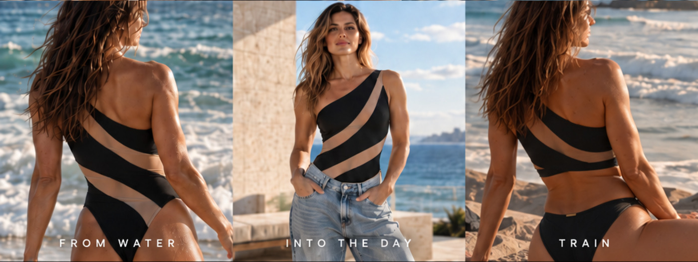 The black HYPPE pieces styled from water, into the day and for training
